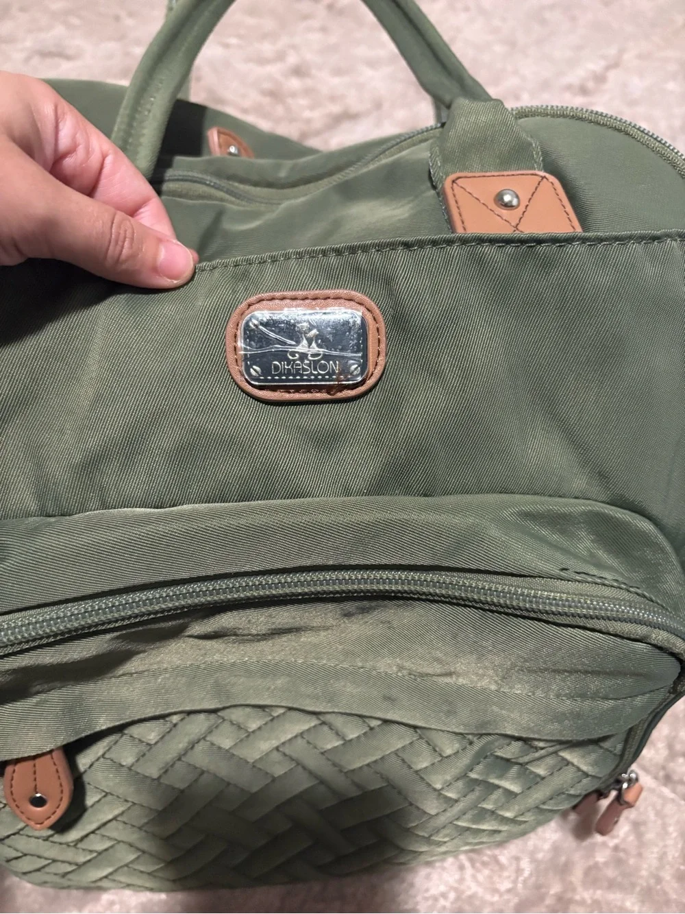 Olivia + Joy Olive Green Quilted Front Backpack with Tan Trim